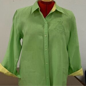 Lauren Ralph Lauren 100% Linen Green 3/4 Sleeve Button Down Shirt